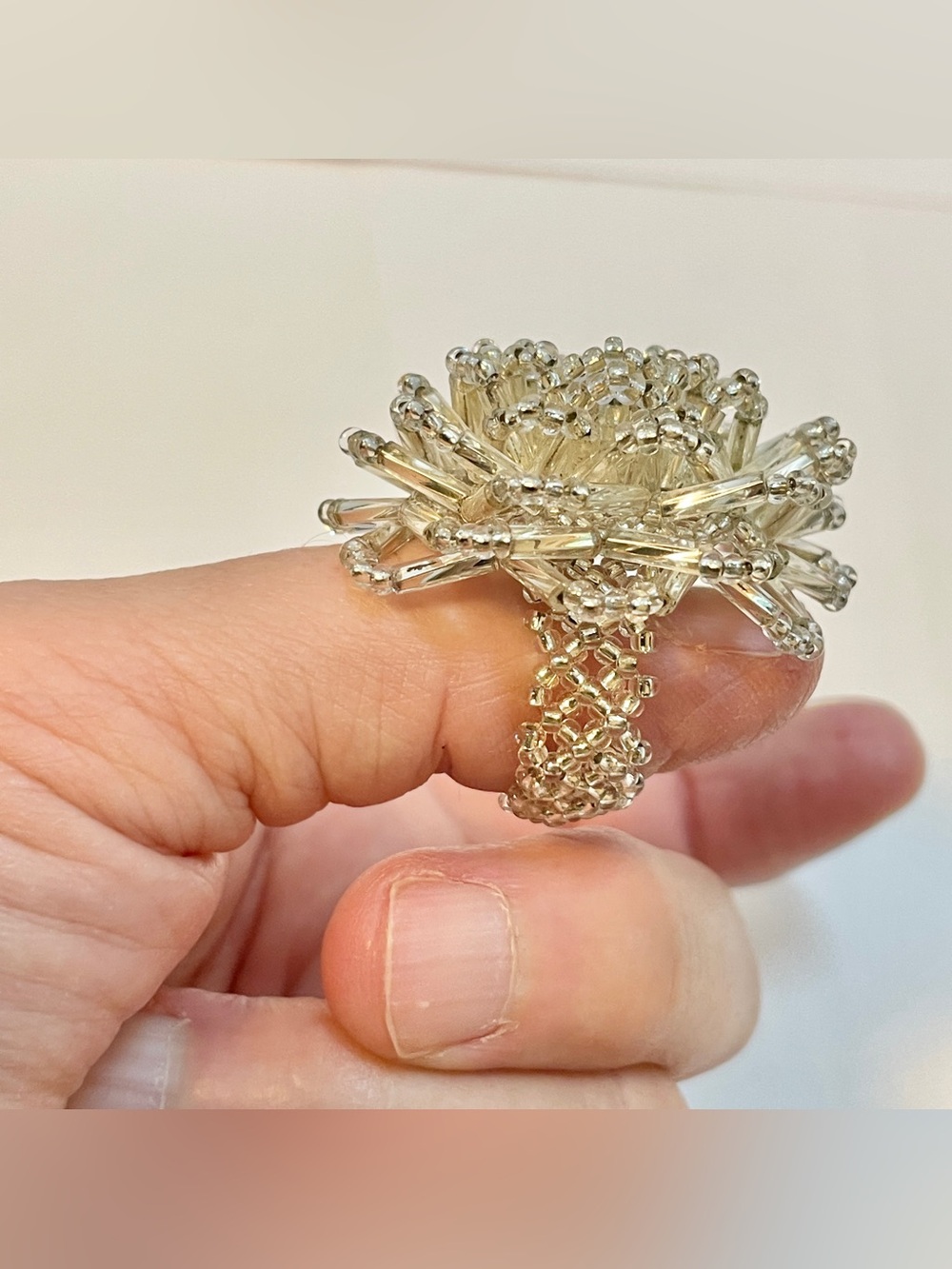 Large Flower Stretch Ring with White Silvery Glass Beads, Sz 10-11